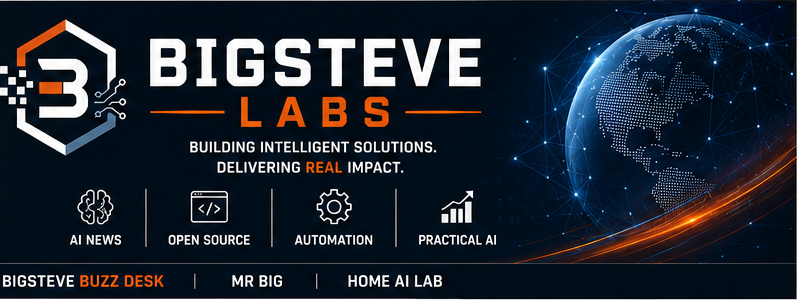 BigSteve Labs blue and orange banner featuring the approved hexagon B logo, engineering iconography, and illuminated globe